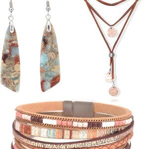 Western Jewelry Set Faux Leather Choker Earrings Bracelet Women Boho Vintage